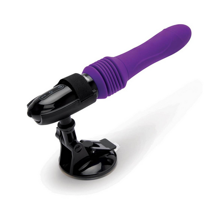 Purple and black massage device with a suction cup on a white background