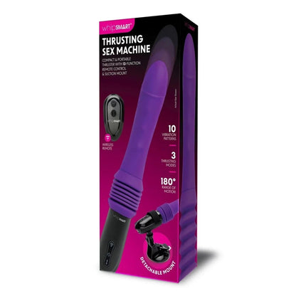 Purple thrusting sex machine packaging with black accents on a white background