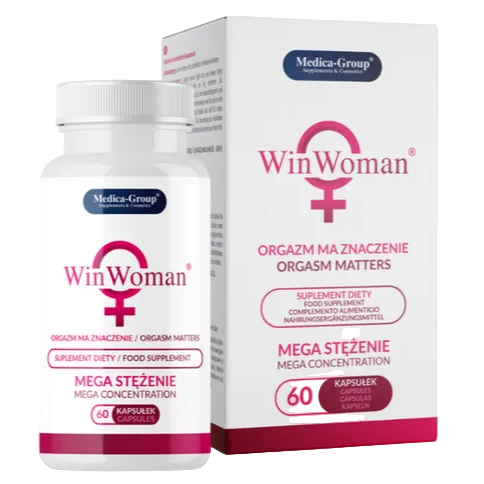 Win Woman supplement bottle and packaging on a light blue background