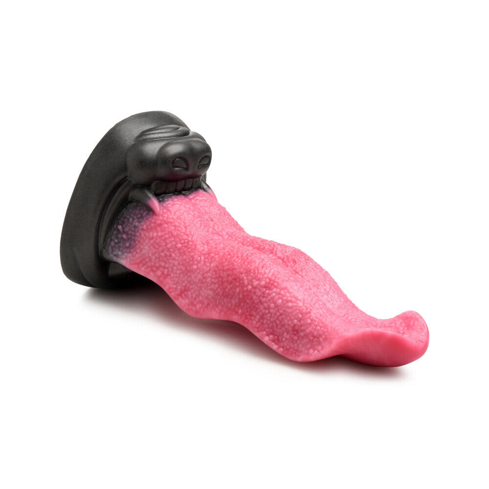 Pink tongue-shaped dildo with a black base on a white background