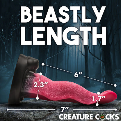 Product with measurements labeled against a dark forest background, featuring the brand 'Creature Cocks'.