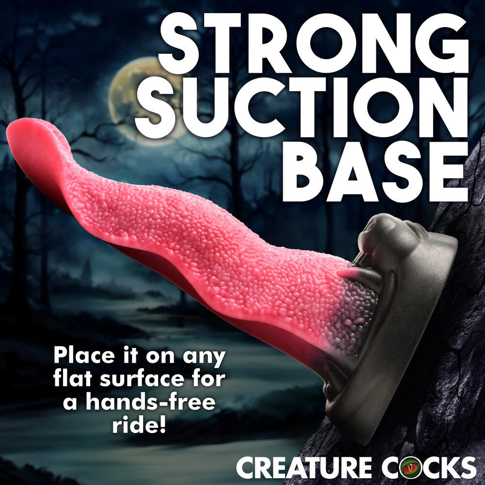 dildo advertisement with a suction cup on a dark background, featuring text about its use.