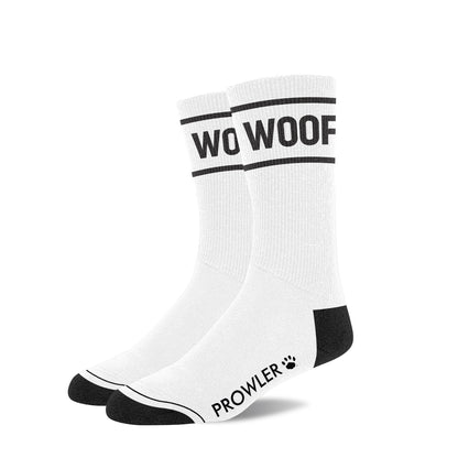 White socks with 'WOOF' and 'Prowler' text on a white background