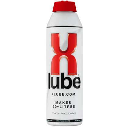 XLube concentrated powder container with red cap on a white background