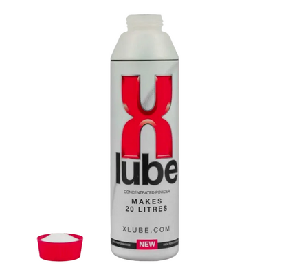 XLube concentrated powder container with red and black design on a white background