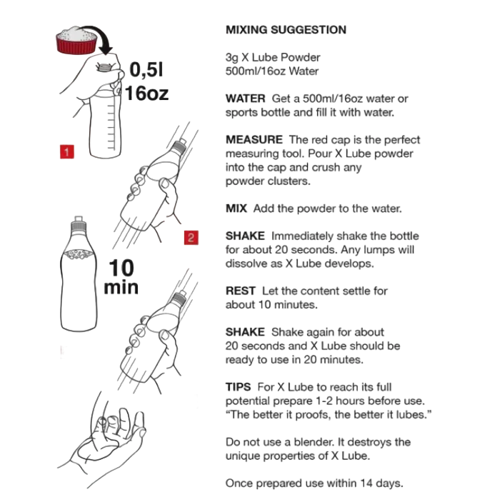 Instructions for mixing X-Lube powder with water on a white background
