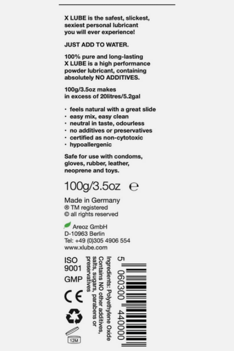 Back label of X Lube personal lubricant packaging with product details and branding.