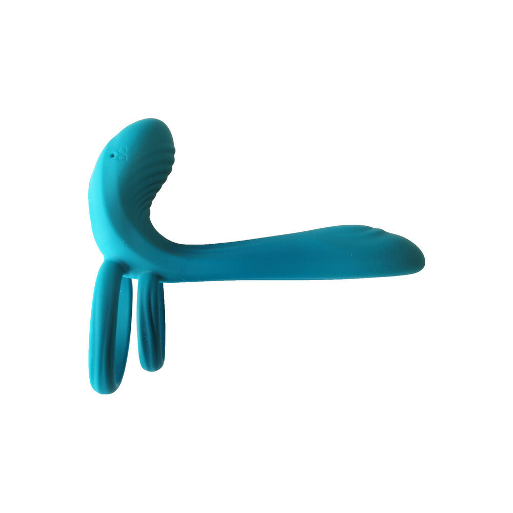 Turquoise silicone couples cockring vibrator on a white background