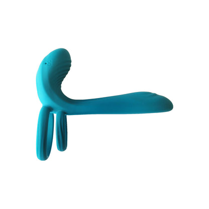 Turquoise silicone couples cockring vibrator on a white background