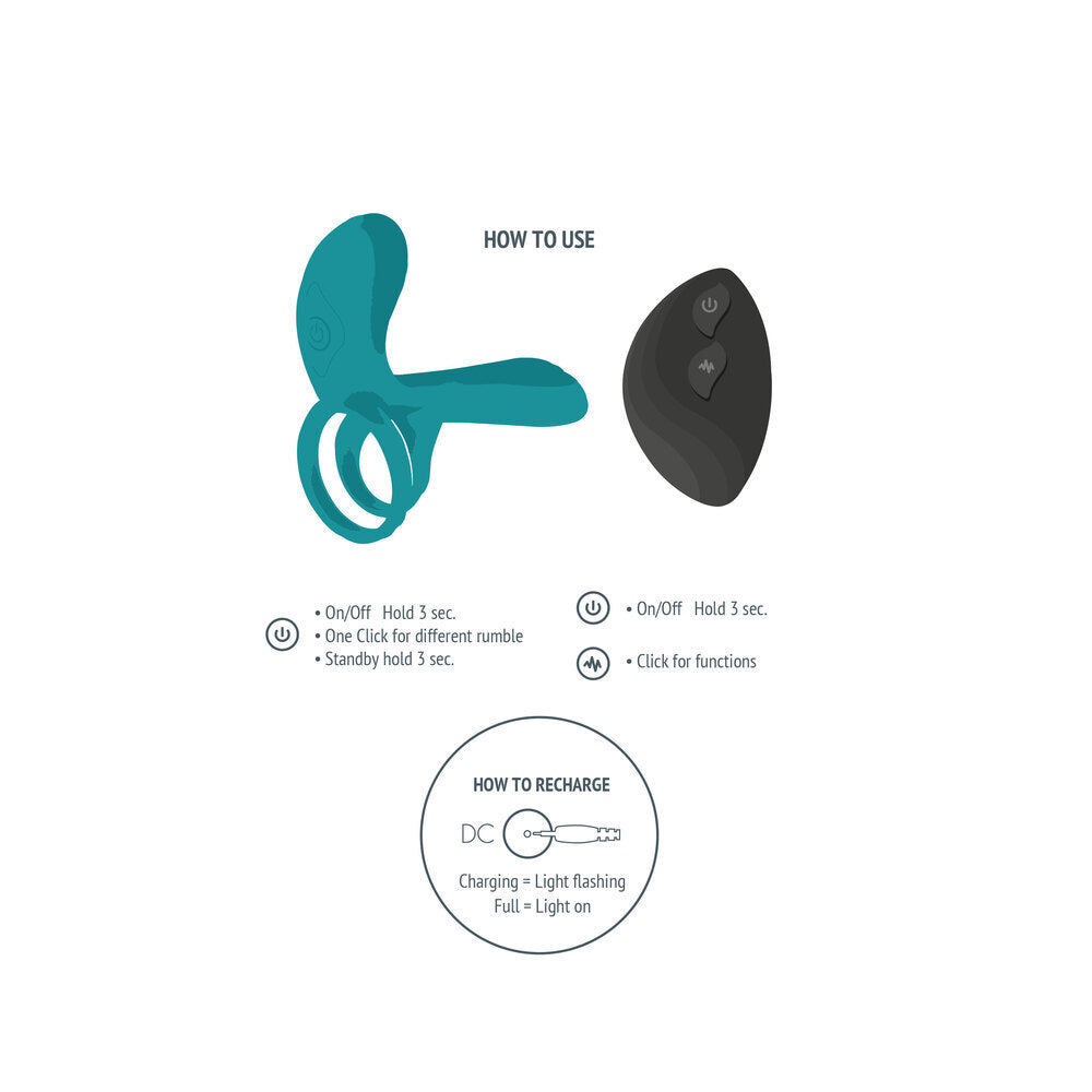Instructions for using and recharging a device with icons and text on a white background.