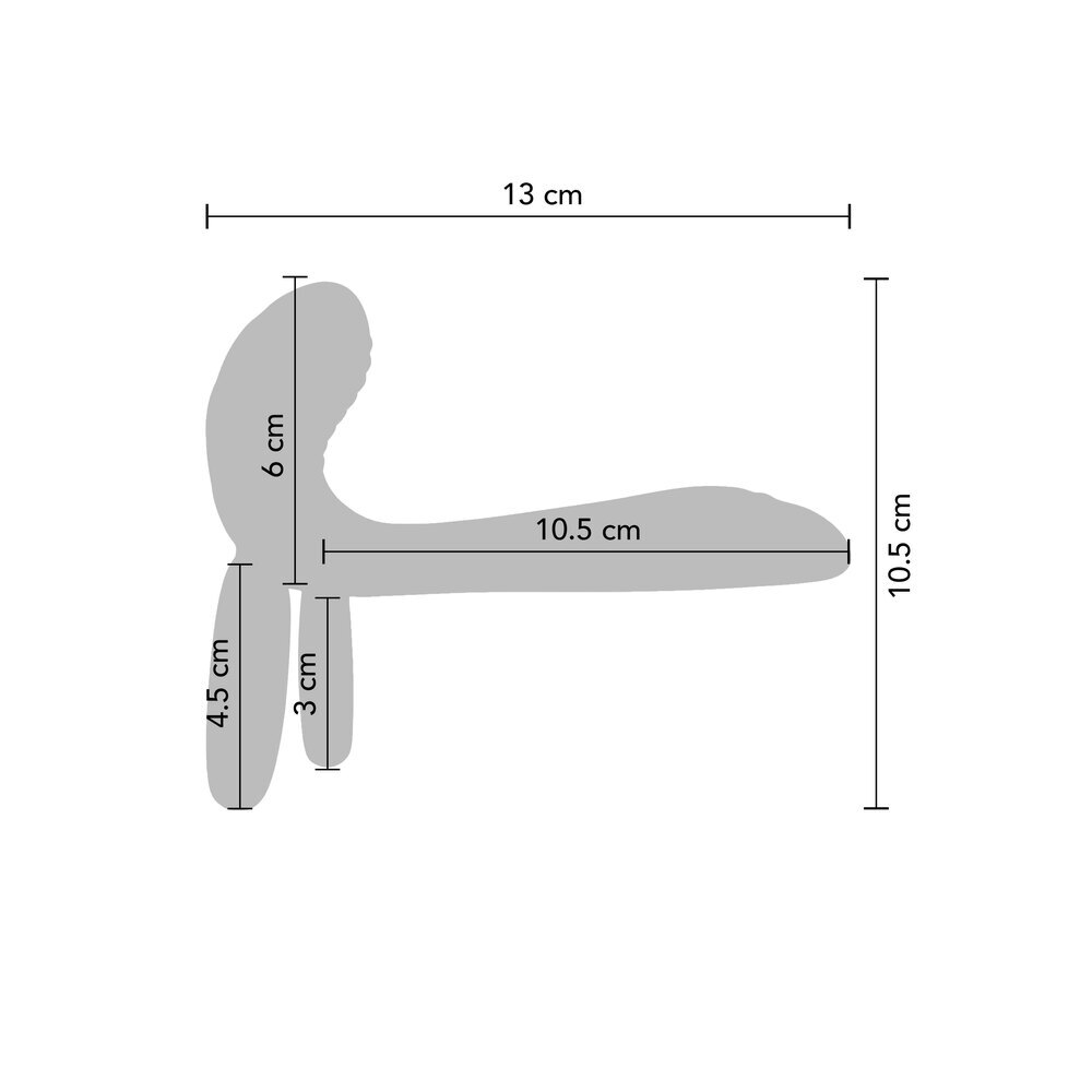 Measurement chart of a couples vibrator with dimensions labeled on a white background