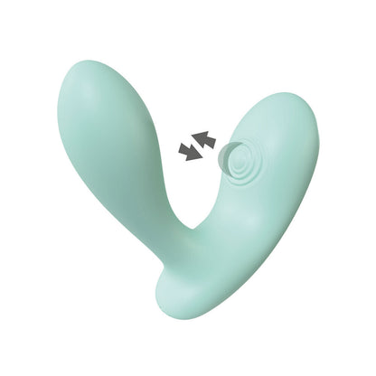 Mint green U-shaped vibrator with a button on a white background