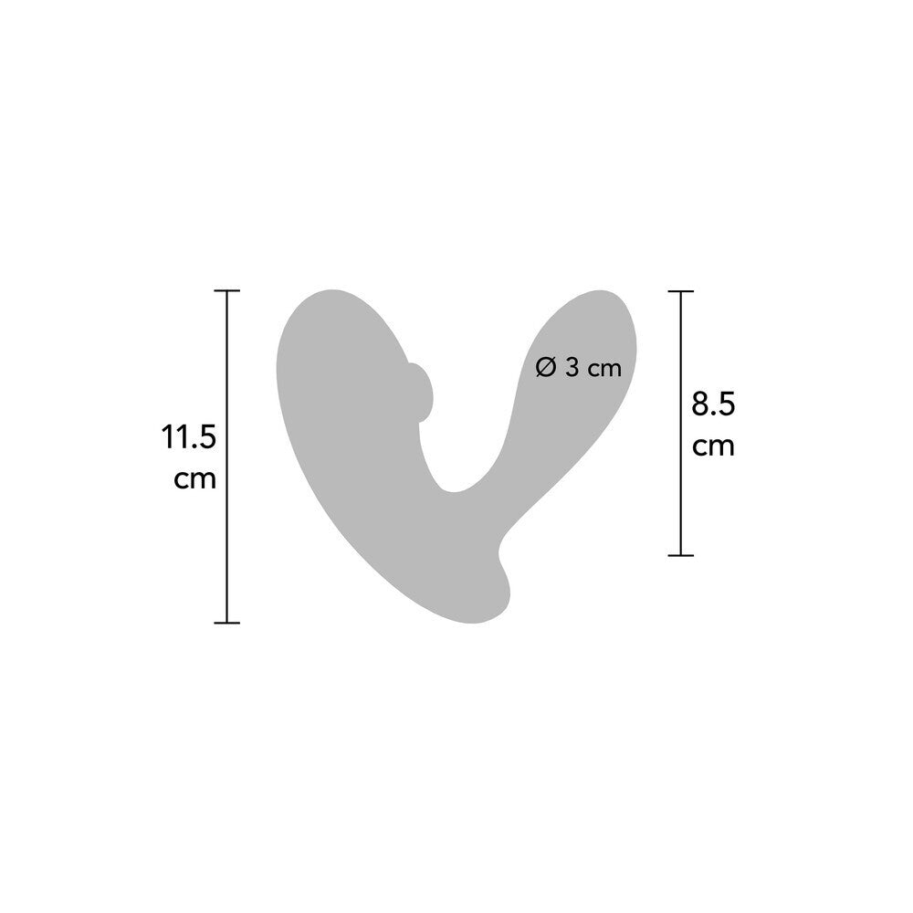 Measurement chart of a vibrator with dimensions labeled on a white background