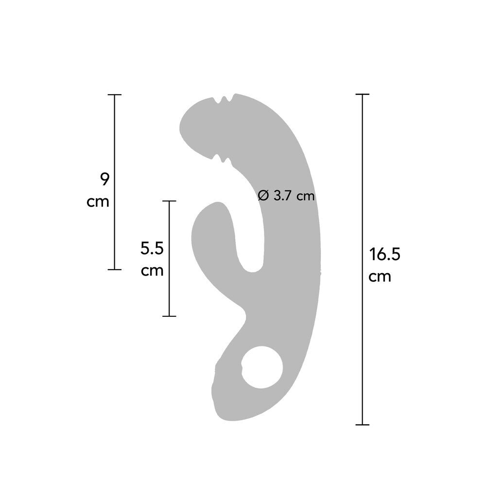 Measurement chart of a rabbit vibrator with dimensions labeled in centimeters.