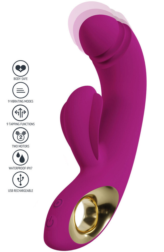 Purple and gold electronic device with branding on a white background