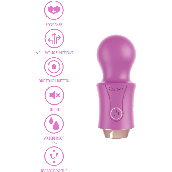 Purple electronic device with features listed on a white background