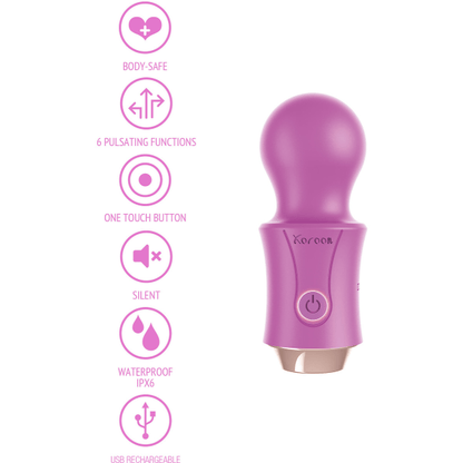 Purple electronic device with features listed on a white background
