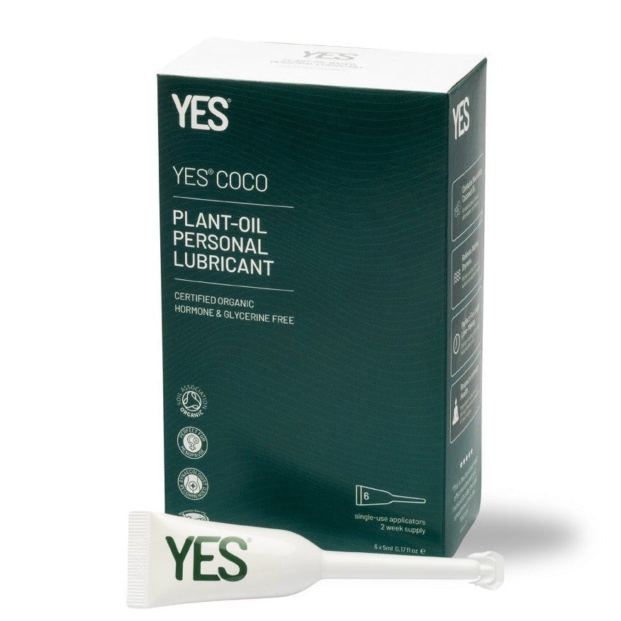 YES Coco plant-oil personal lubricant packaging with a sample stick on a white background