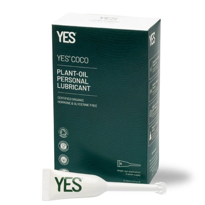 YES Coco plant-oil personal lubricant packaging with a sample stick on a white background