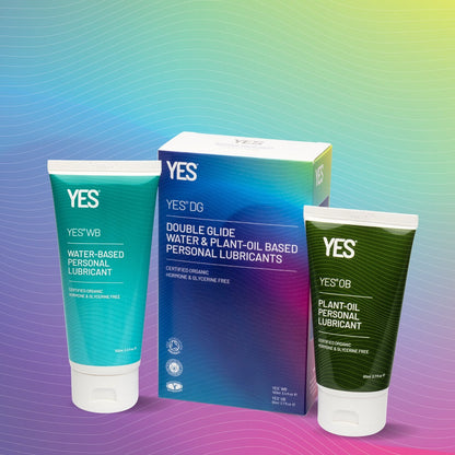 Two tubes of personal lubricant with a box labeled 'YES' on a gradient background