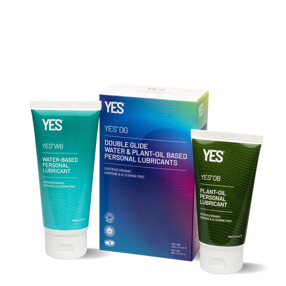 Three tubes of YES personal lubricants on a white background