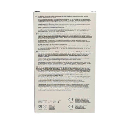 Product packaging with text and certification logos on a white background