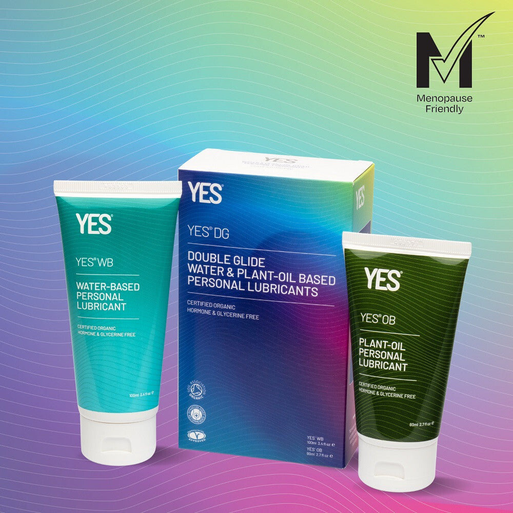 Two tubes of personal lubricant and a box on a gradient background with 'YES' branding.