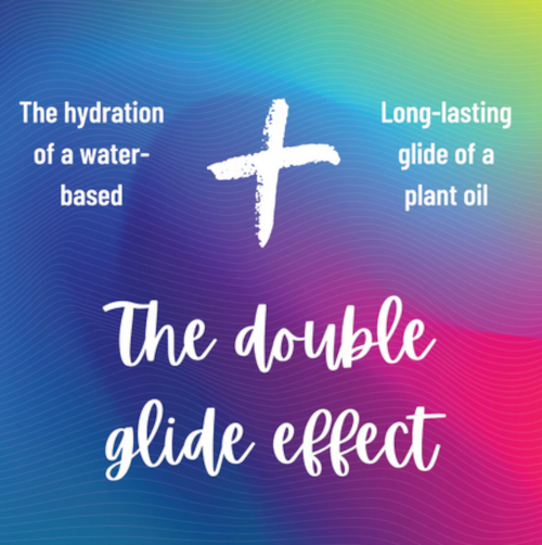 Promotional graphic with text about a 'double glide effect' on a colorful gradient background