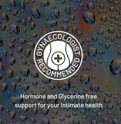 Gynaecologist recommended product with a gynecologist logo on a background of water droplets.
