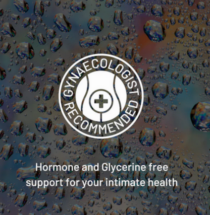 Gynaecologist recommended product with a gynecologist logo on a background of water droplets.