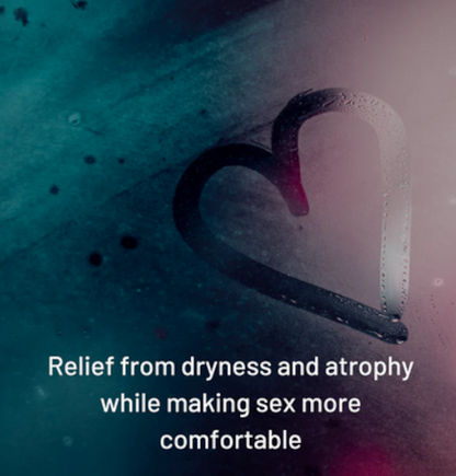 Heart-shaped object with text about relief from dryness and comfort during sex on a blurred background