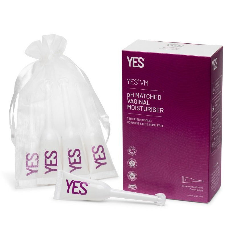 YES pH Matched Vaginal Moisturizer packaging with bags and applicator on a white background