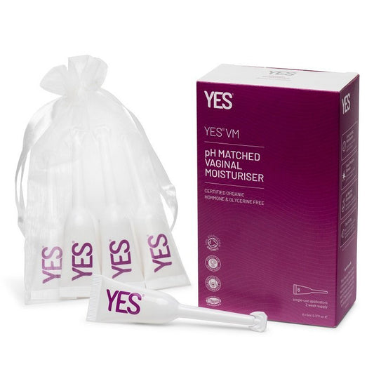YES pH Matched Vaginal Moisturizer packaging with bags and applicator on a white background