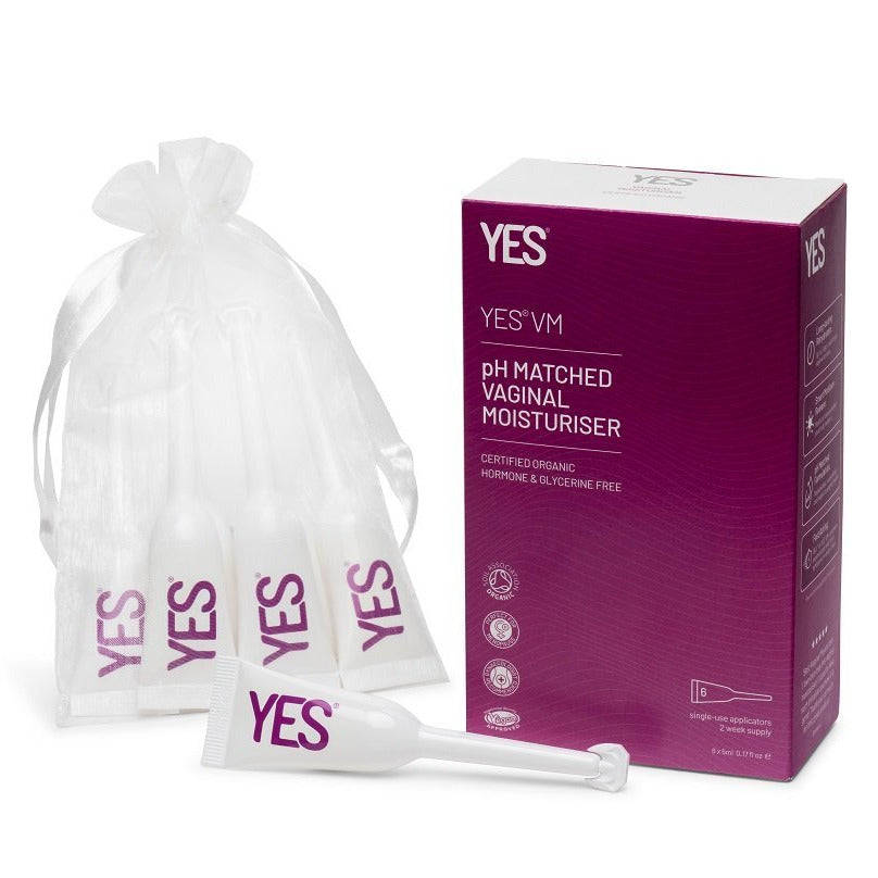 YES pH Matched Vaginal Moisturizer packaging with bags and applicator on a white background