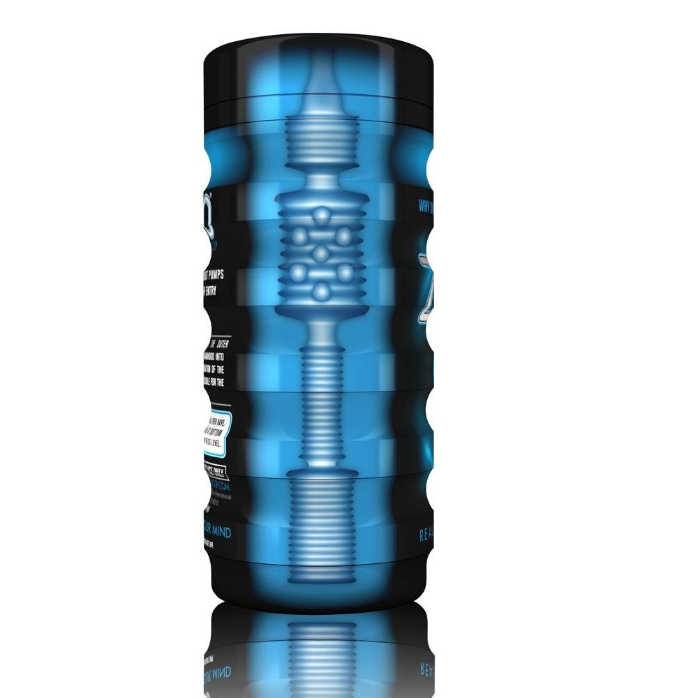 Blue and black cylindrical stroker with a reflective surface on a white background