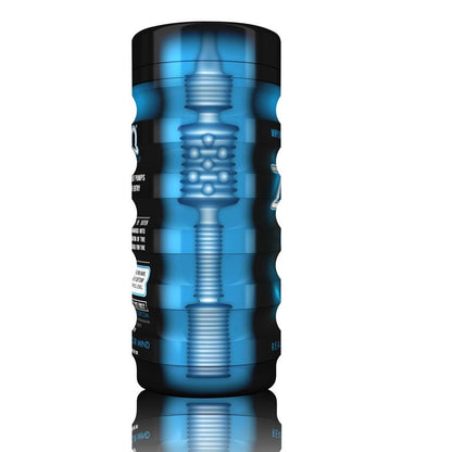 Blue and black cylindrical stroker with a reflective surface on a white background