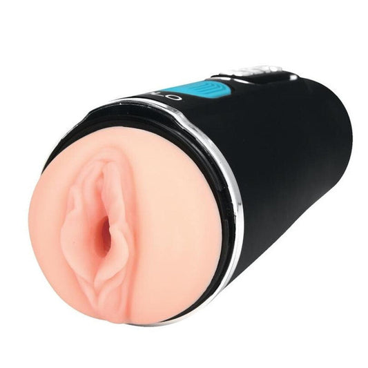 Realistic silicone pussy masturbator in a black casing on a white background