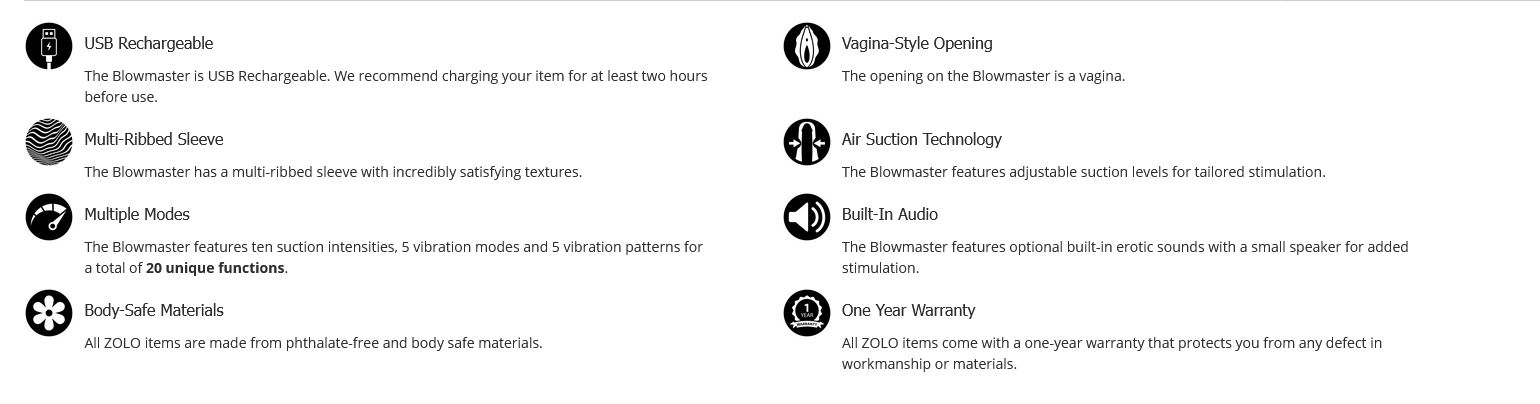 Product specifications and features listed on a white background