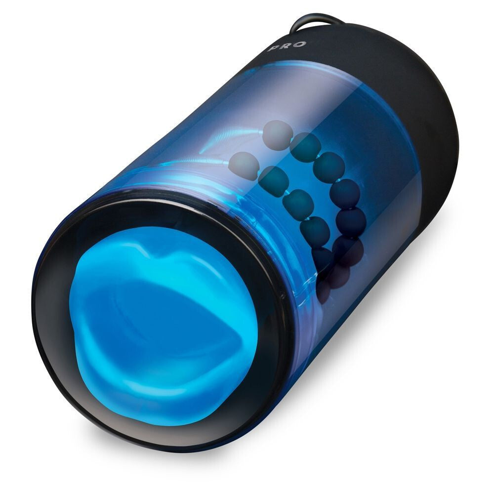 Blue and black cylindrical masturbator with a glowing blue light on a white background