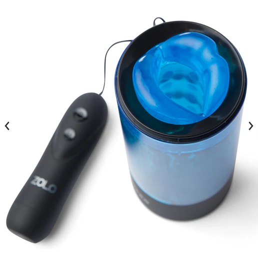 Blue auto stroker with a black remote control on a white background