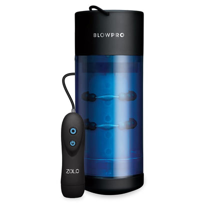 Black and blue masturbator auto stoker with 'BLOWPRO' and 'ZOLO' branding on a white background