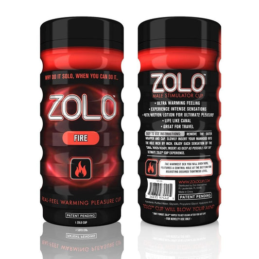 Zolo Fire male stimulator cup packaging with front and back views on a white background