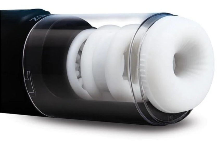Close-up of a cylindrical electronic masturbator with white interior components on a white background