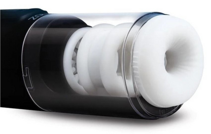 Close-up of a cylindrical electronic masturbator with white interior components on a white background