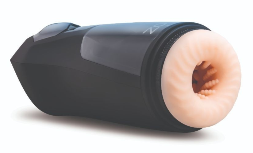 Black and beige masturbator device on a white background