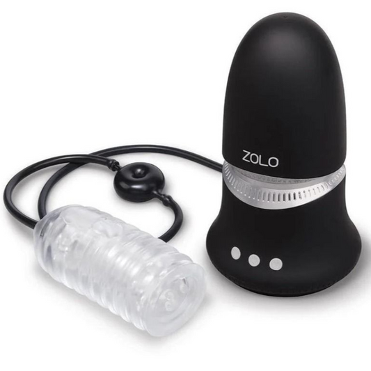 Black and clear silicone masturbator with 'Zolo' branding on a white background