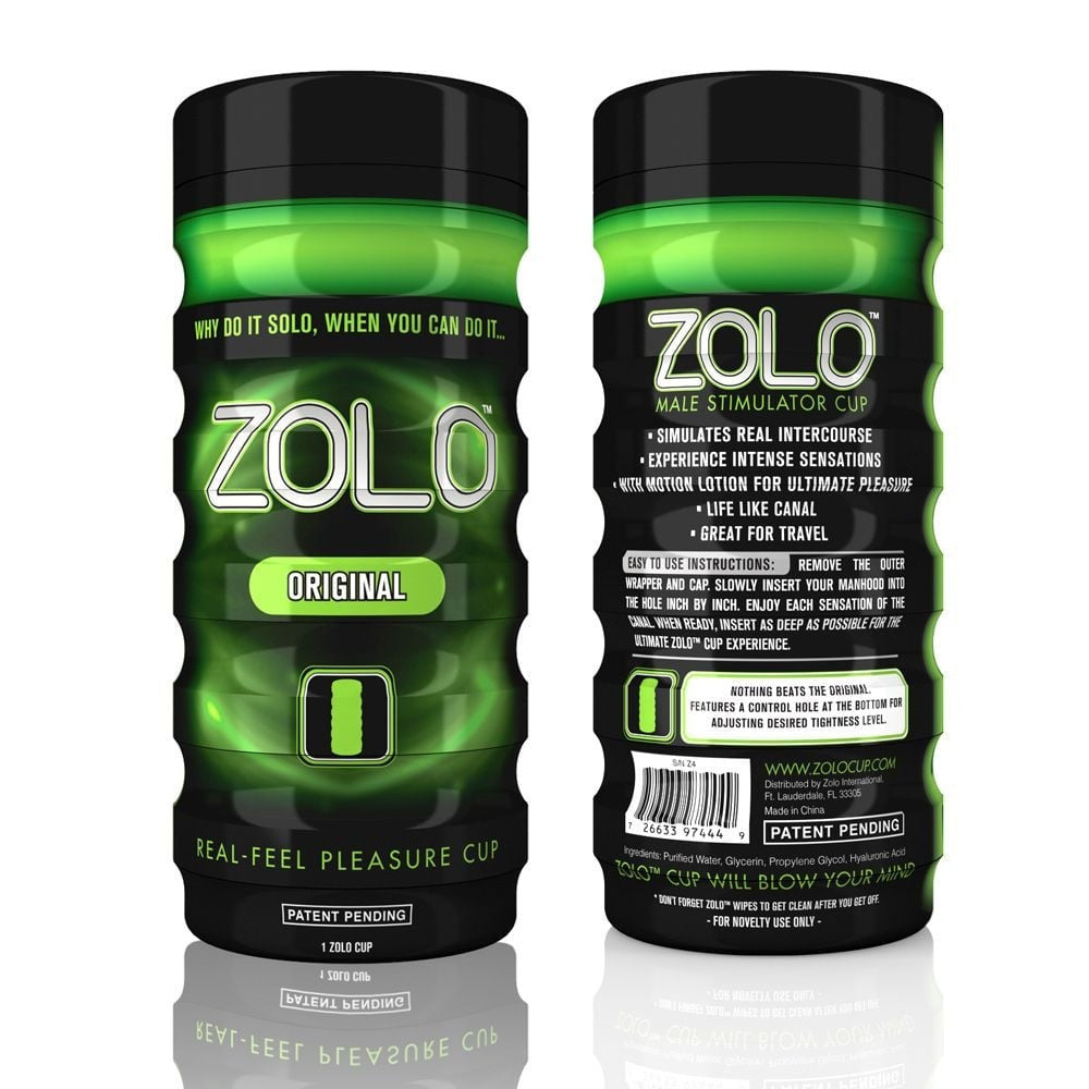 Zolo male stimulator cup packaging with green and black design on a white background