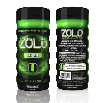 Zolo male stimulator cup packaging with green and black design on a white background