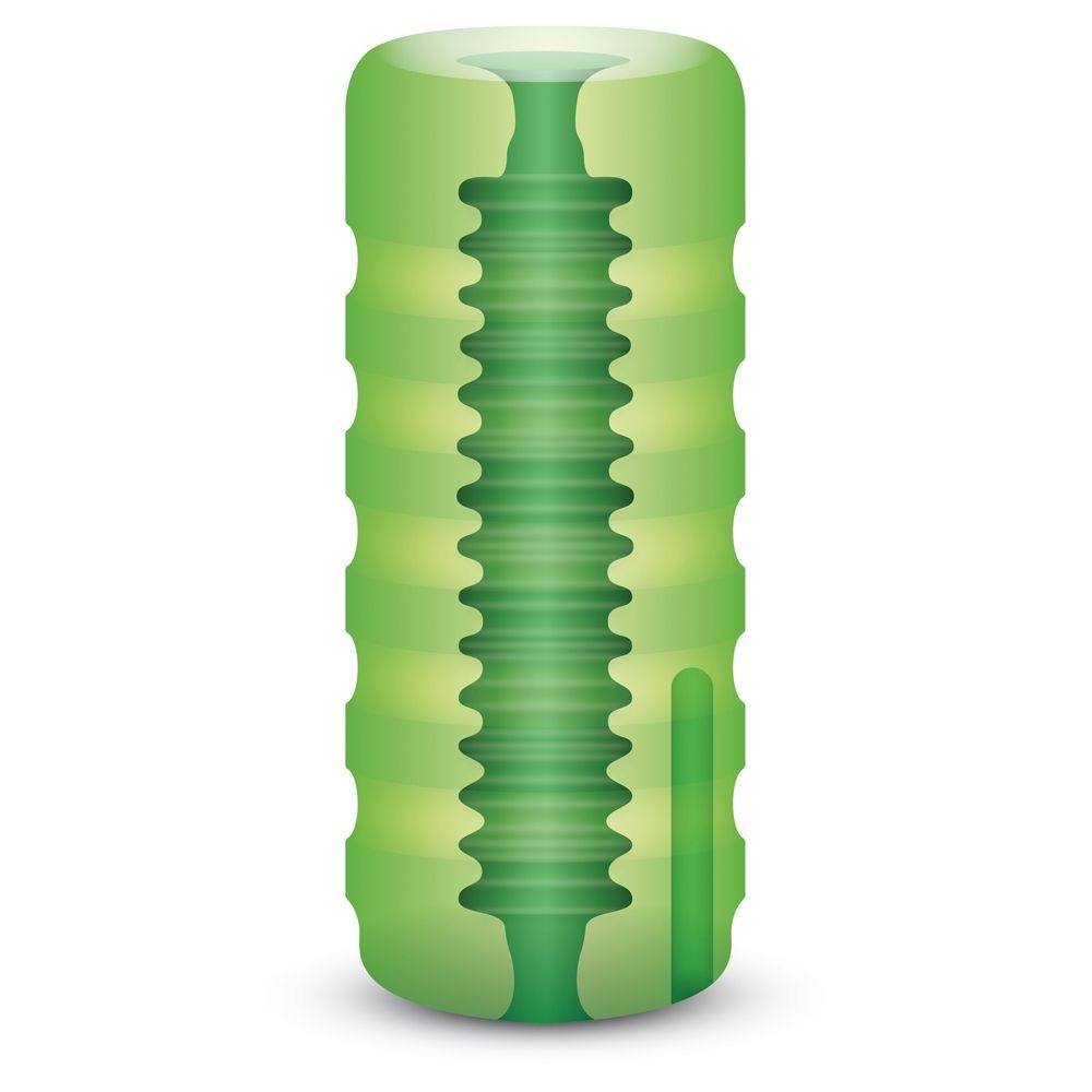 Green textured cylindrical masturbator stroker on a white background