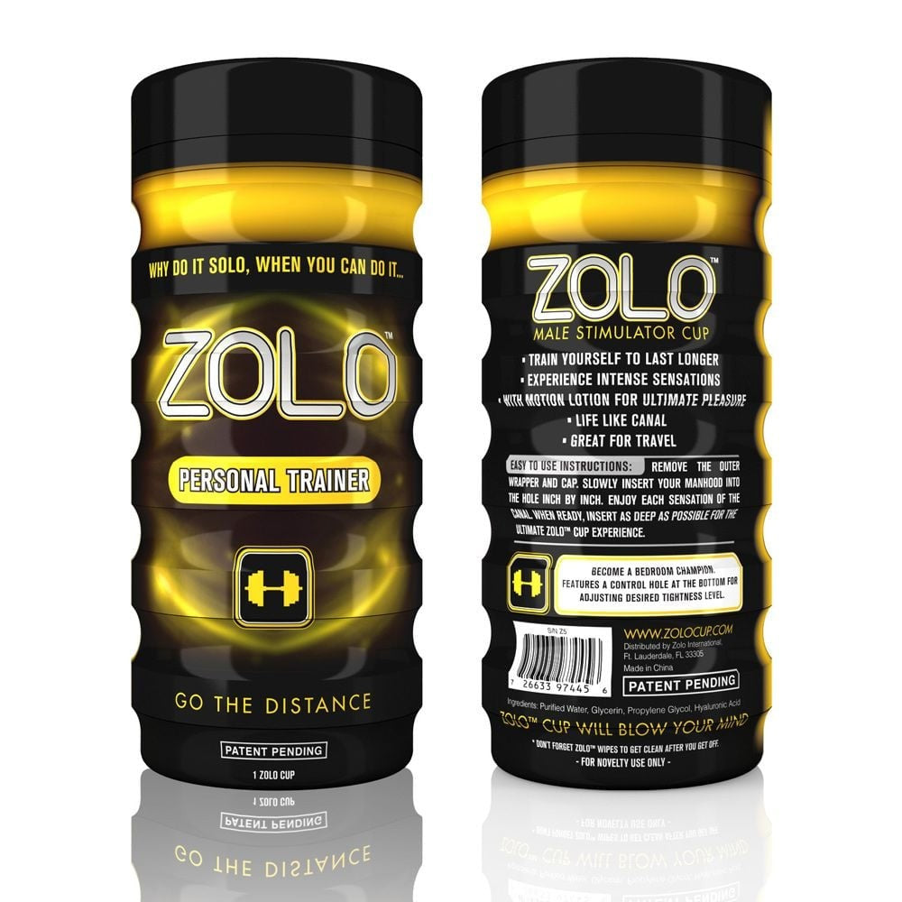 Zolo male stimulator cup with black and yellow packaging on a white background